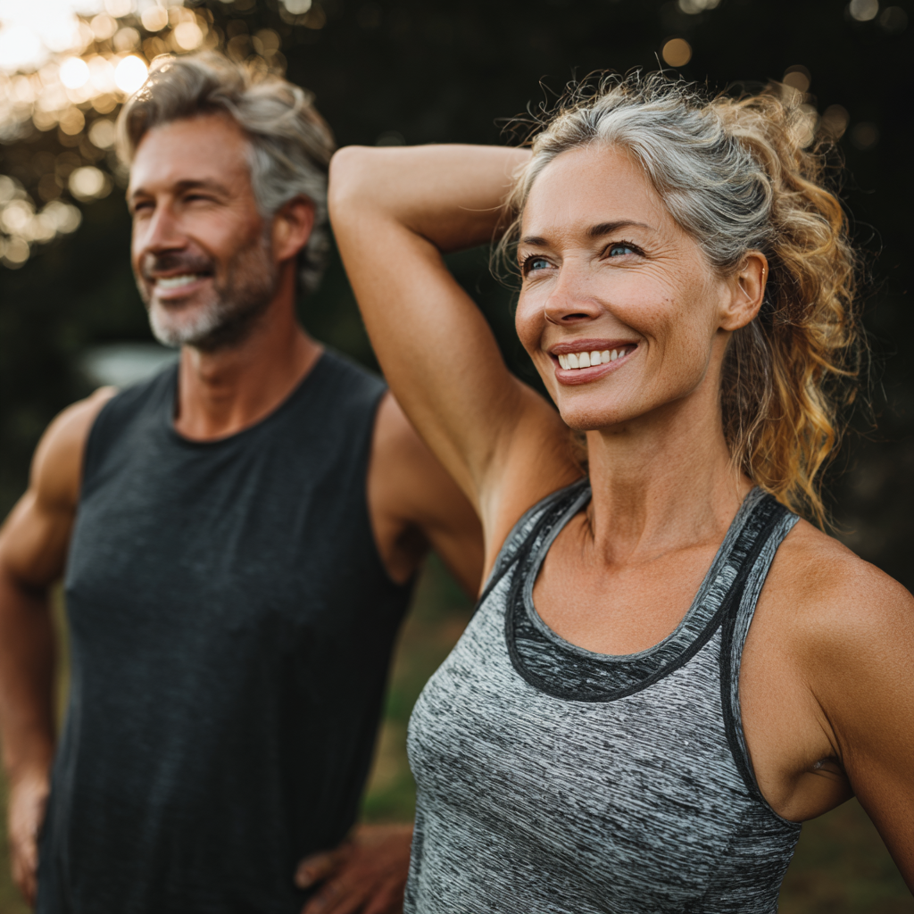 Active couple in their late 40s doing morning exercise together in park, wearing sportswear and looking energetic and happy