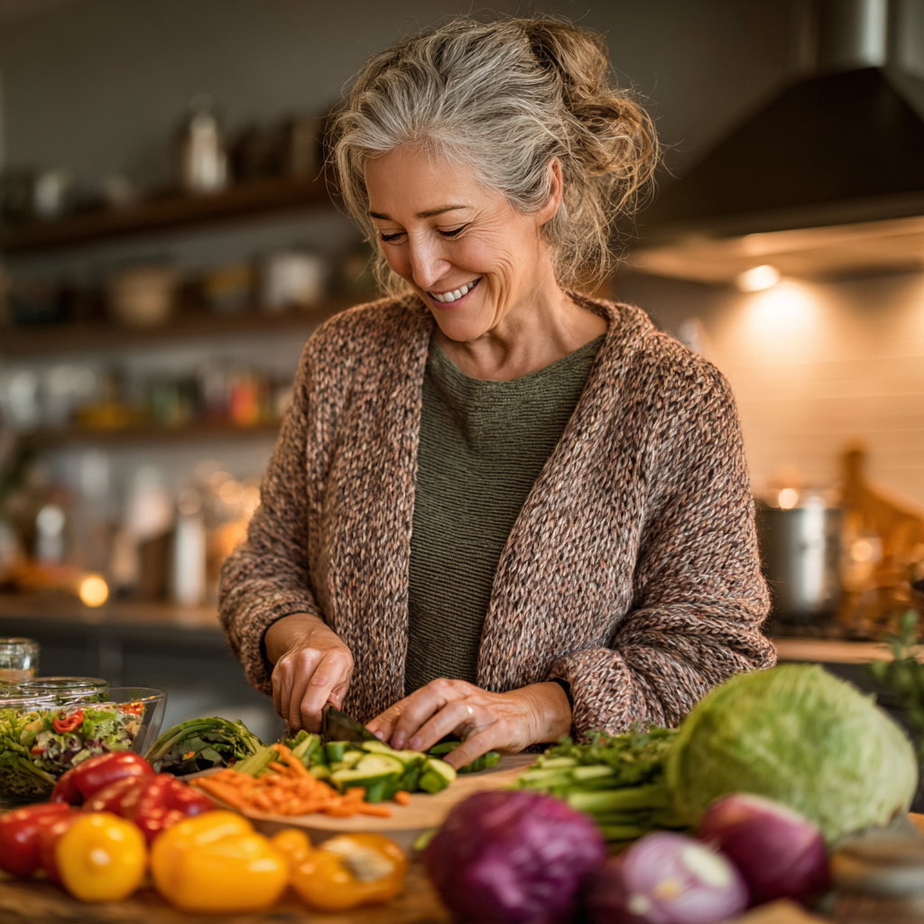 Mature woman in her 40s preparing healthy meal with fresh vegetables in modern kitchen, smiling while chopping colorful salad ingredients