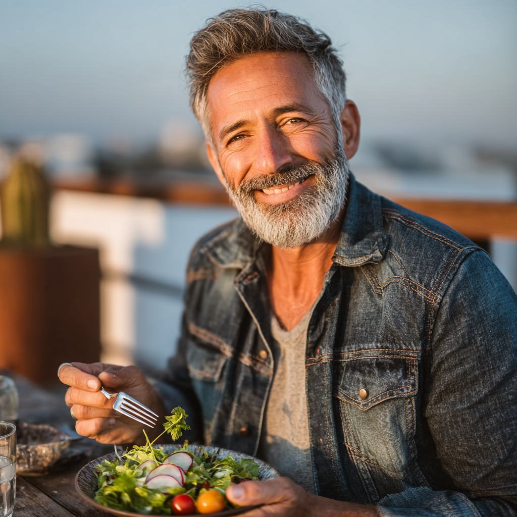 Middle-aged man around 50 years old enjoying healthy lunch outdoors, holding fork with fresh salad and smiling contentedly